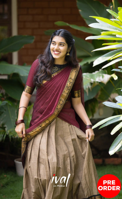 Padmaja Cotton Half Saree - Beige and Dark Maroon Half Sarees