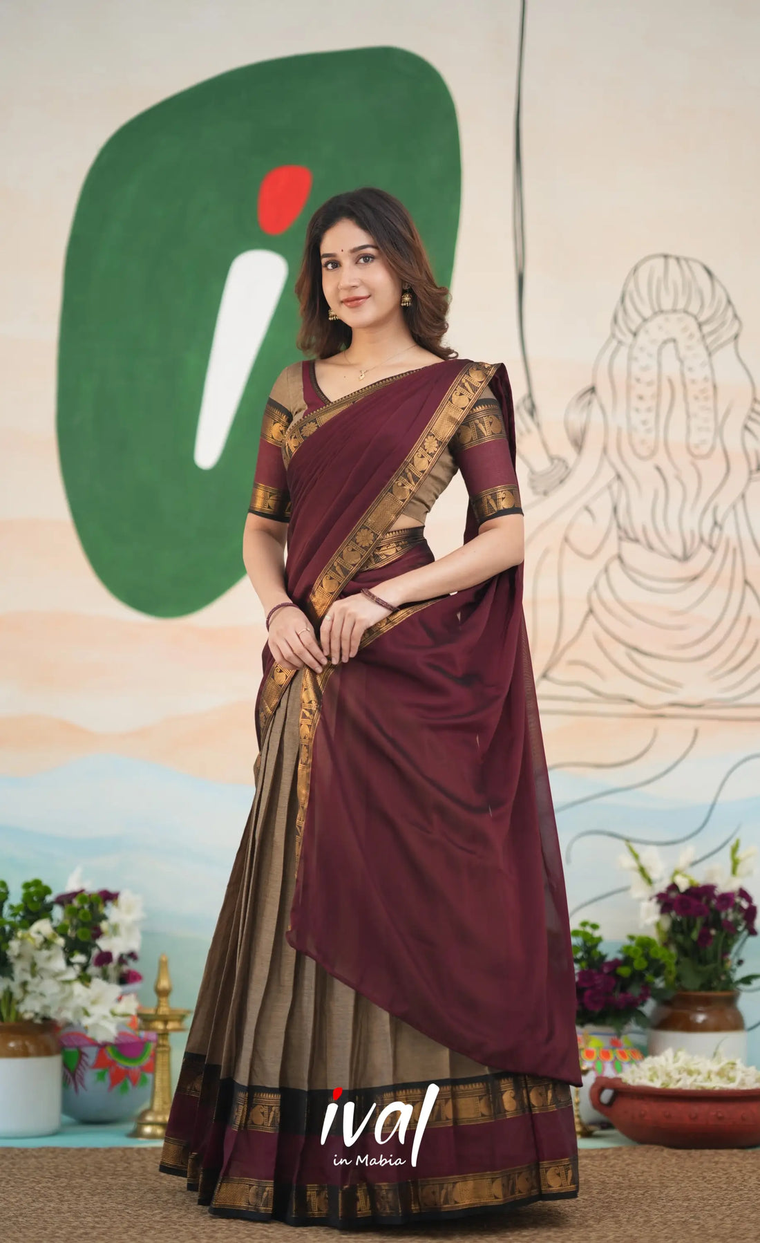 Padmaja Cotton Half Saree - Beige and Dark Maroon Half Sarees