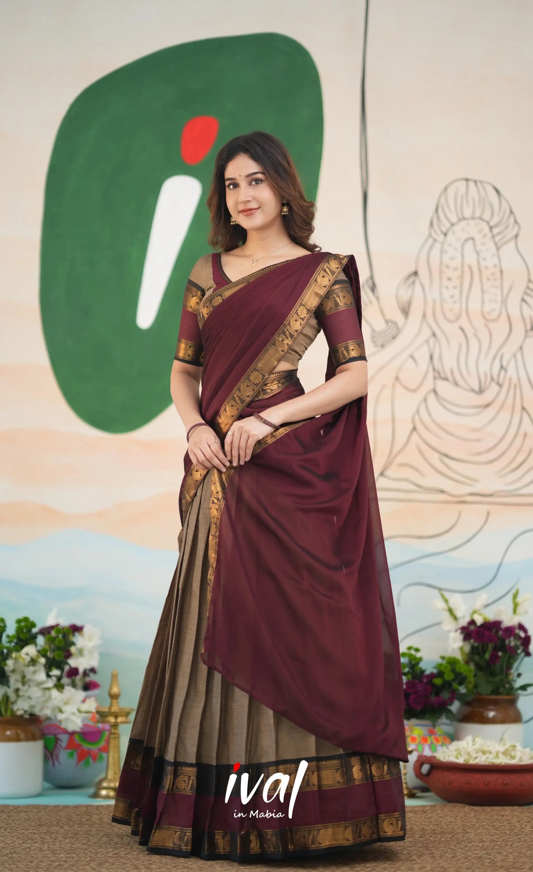 Padmaja Cotton Half Saree - Beige and Dark Maroon Half Sarees