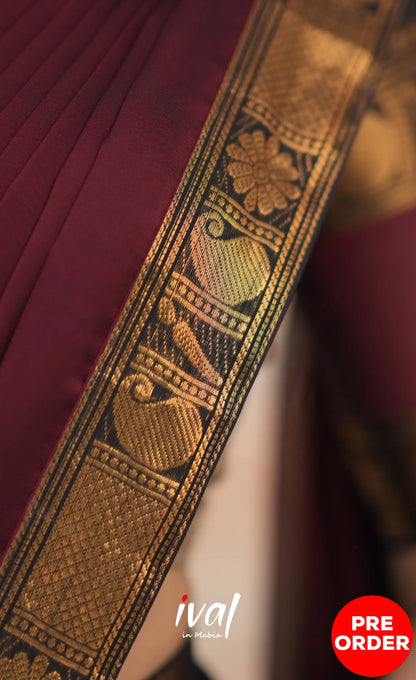 Padmaja Cotton Half Saree - Beige and Dark Maroon Half Sarees