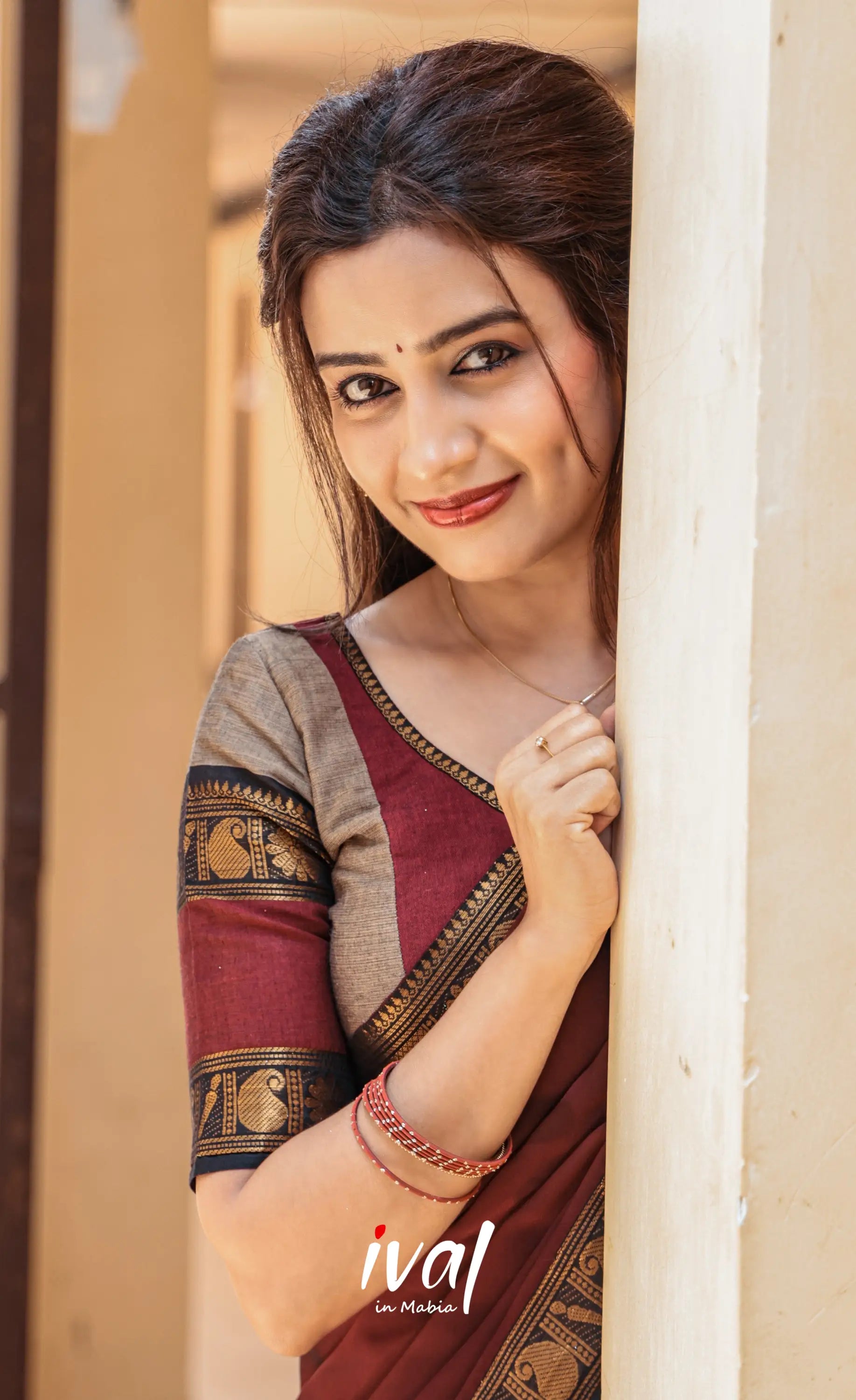 Padmaja Cotton Half Saree - Beige and Dark Maroon - Half Sarees
