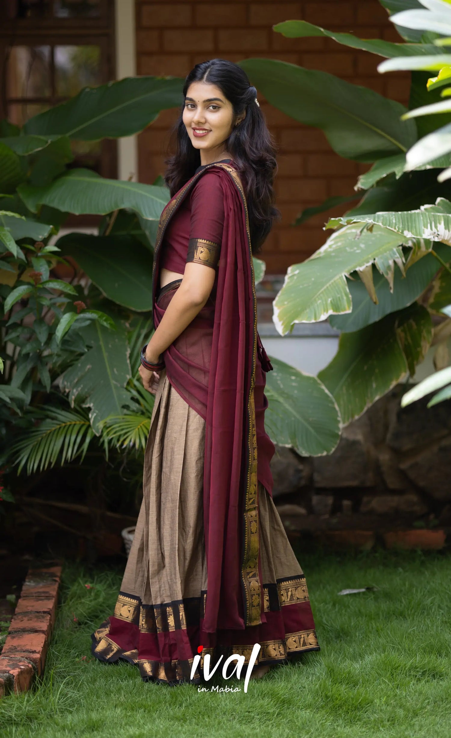 Padmaja Cotton Half Saree - Beige and Dark Maroon Half Sarees