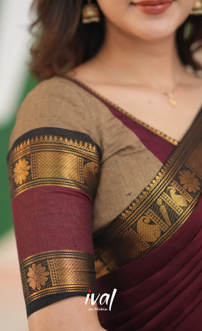 Padmaja Cotton Half Saree - Beige and Dark Maroon Half Sarees