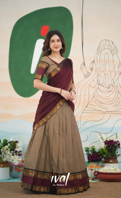 Padmaja Cotton Half Saree - Beige and Dark Maroon Half Sarees