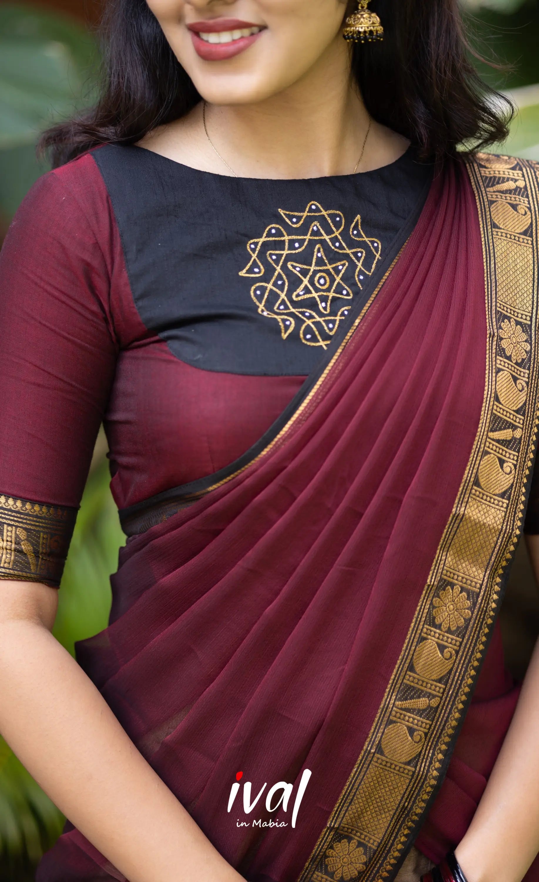 Padmaja Cotton Half Saree - Beige and Dark Maroon Half Sarees