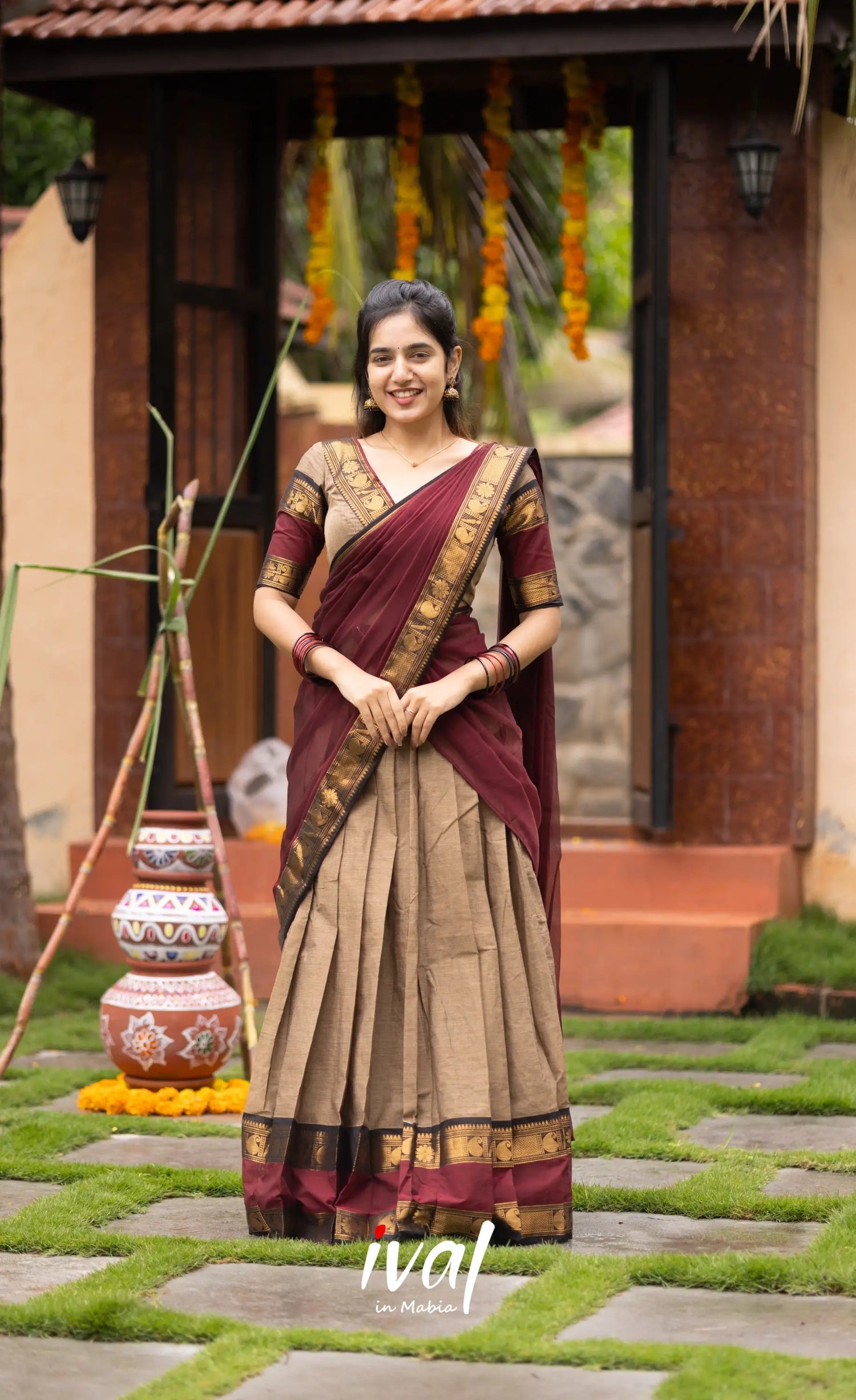 Padmaja Cotton Half Saree - Beige and Dark Maroon Half Sarees
