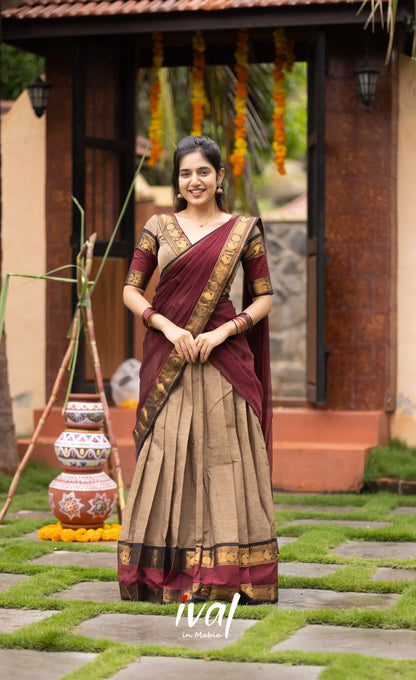 Padmaja Cotton Half Saree - Beige and Dark Maroon Half Sarees