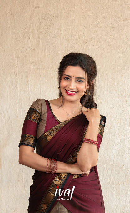 Padmaja Cotton Half Saree - Beige and Dark Maroon - Half Sarees