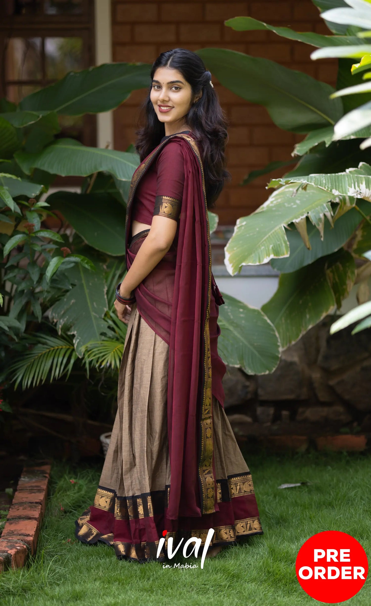 Padmaja Cotton Half Saree - Beige and Dark Maroon Half Sarees