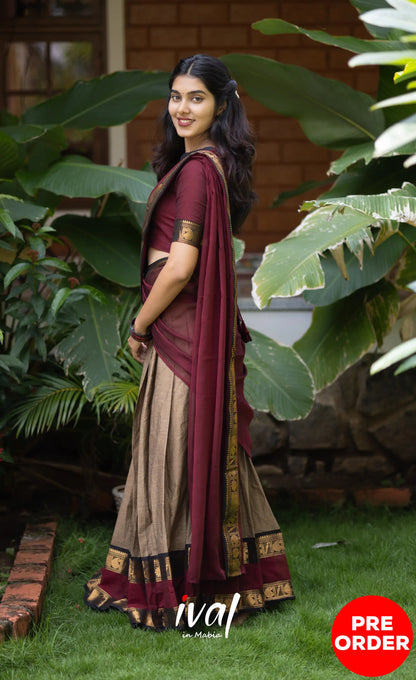Padmaja Cotton Half Saree - Beige and Dark Maroon Half Sarees