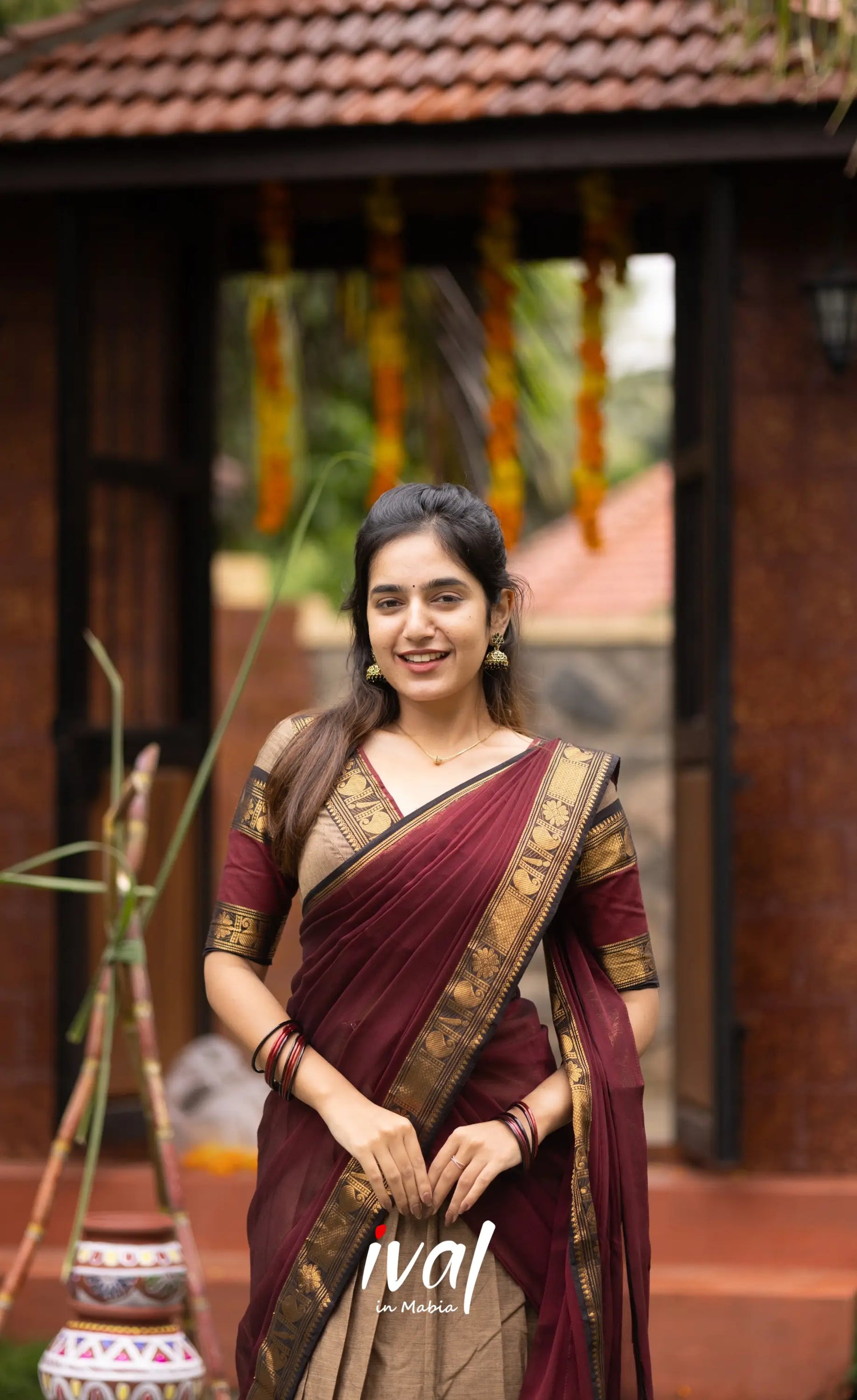 Padmaja Cotton Half Saree - Beige and Dark Maroon Half Sarees