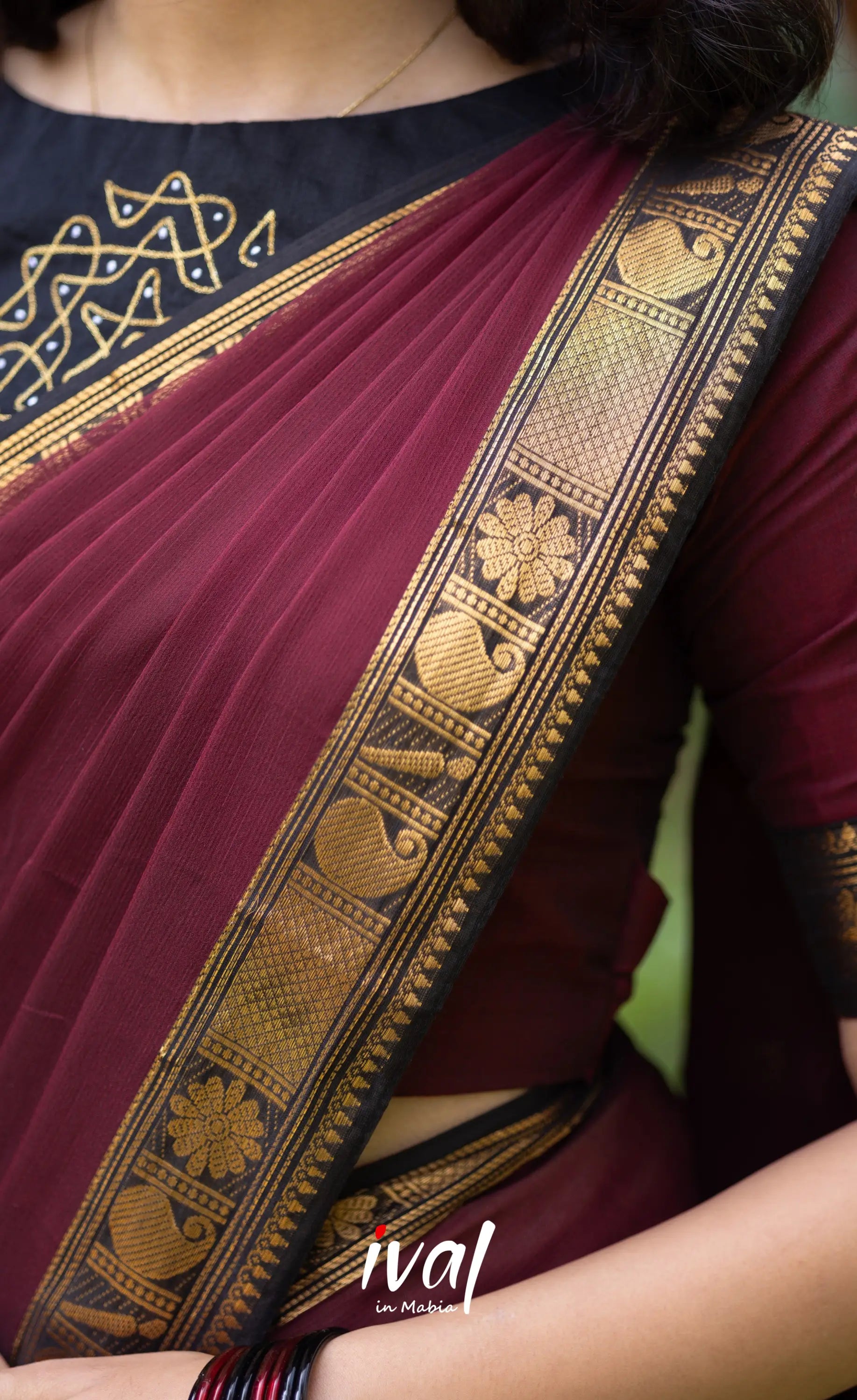 Padmaja Cotton Half Saree - Beige and Dark Maroon Half Sarees
