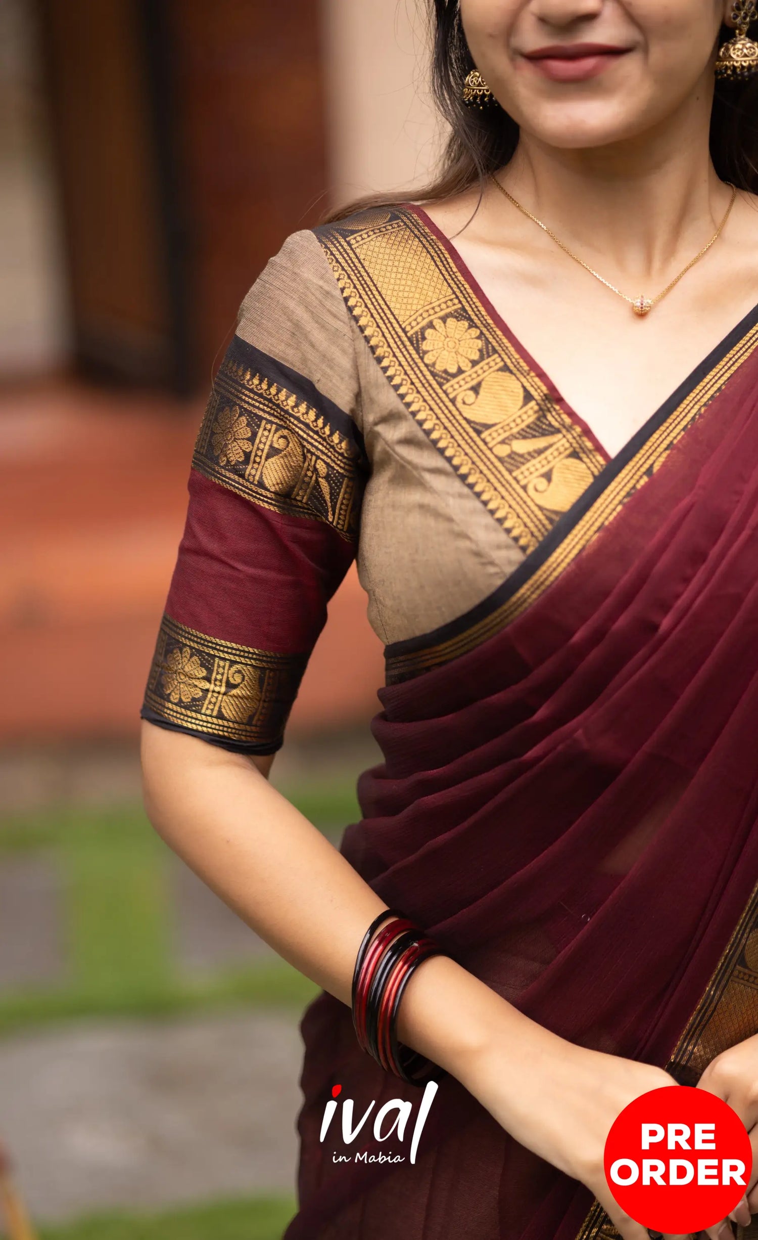 Padmaja Cotton Half Saree - Beige and Dark Maroon Half Sarees