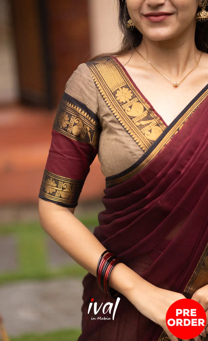 Padmaja Cotton Half Saree - Beige and Dark Maroon Half Sarees
