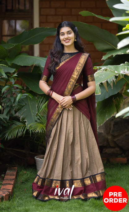 Padmaja Cotton Half Saree - Beige and Dark Maroon Half Sarees