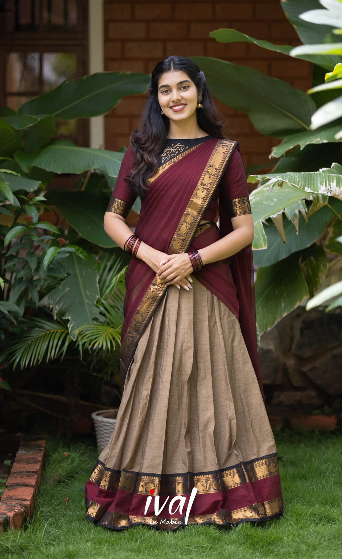 Padmaja Cotton Half Saree - Beige and Dark Maroon Half Sarees