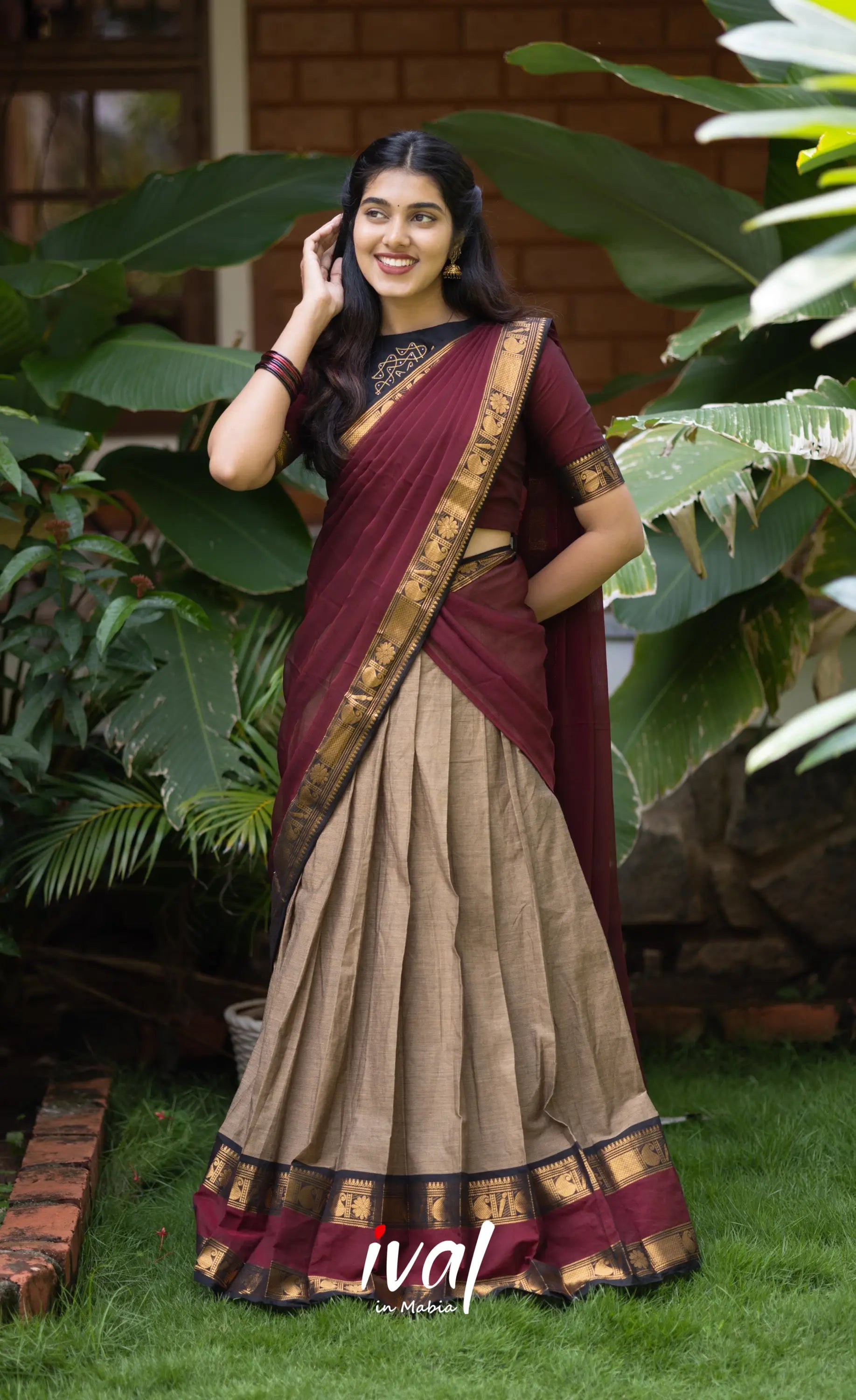 Padmaja Cotton Half Saree - Beige and Dark Maroon Half Sarees