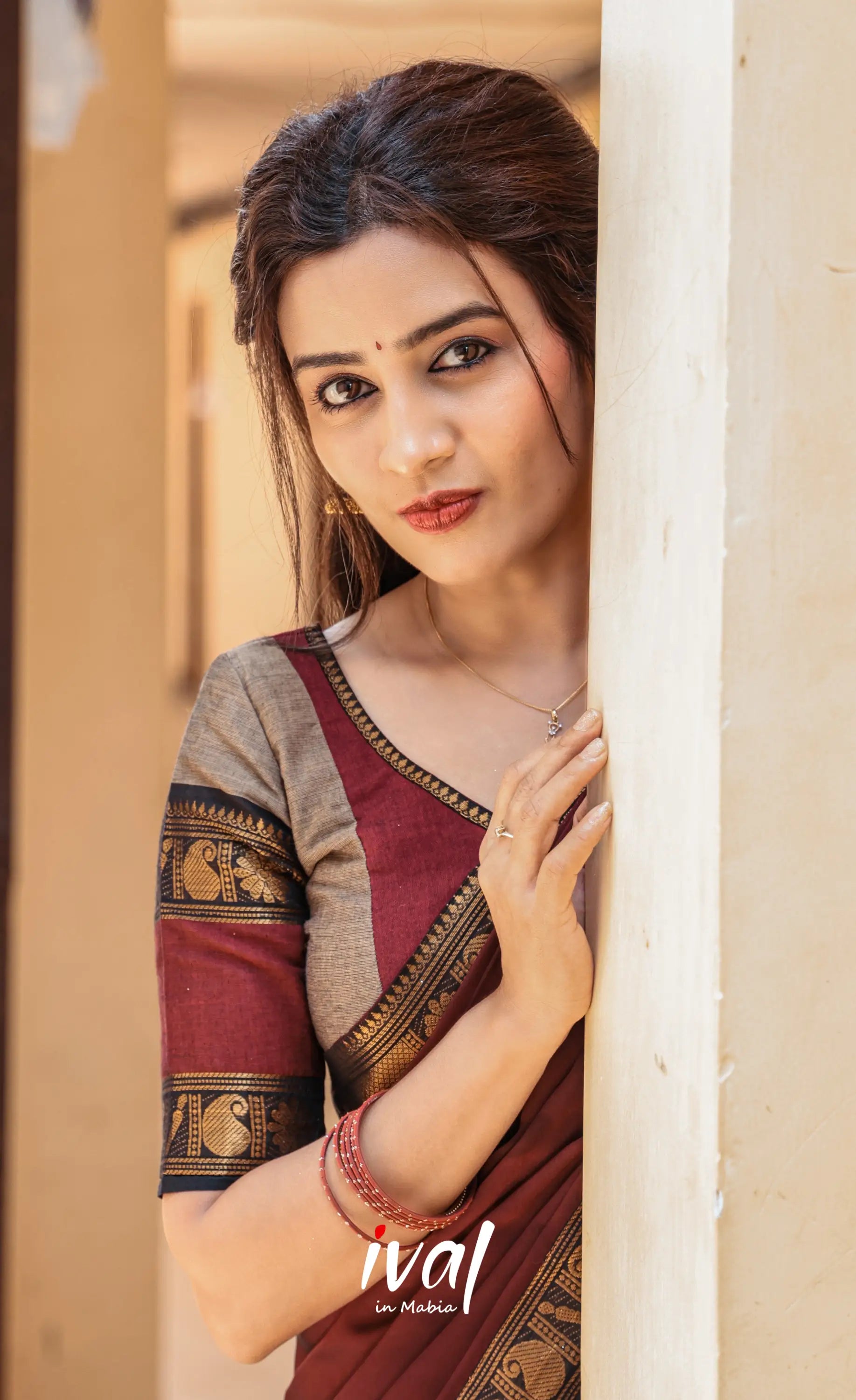 Padmaja Cotton Half Saree - Beige and Dark Maroon - Half Sarees