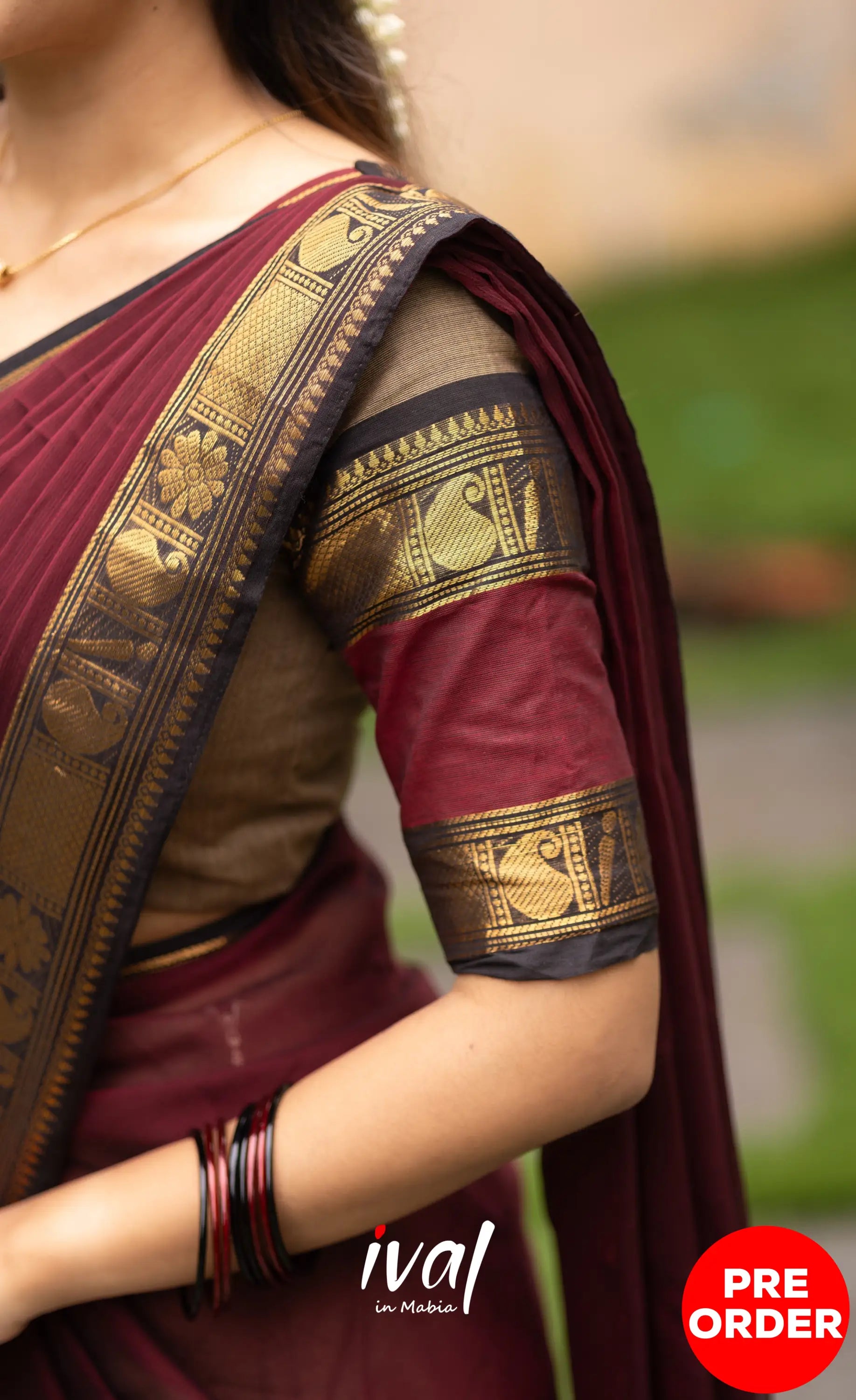 Padmaja Cotton Half Saree - Beige and Dark Maroon Half Sarees