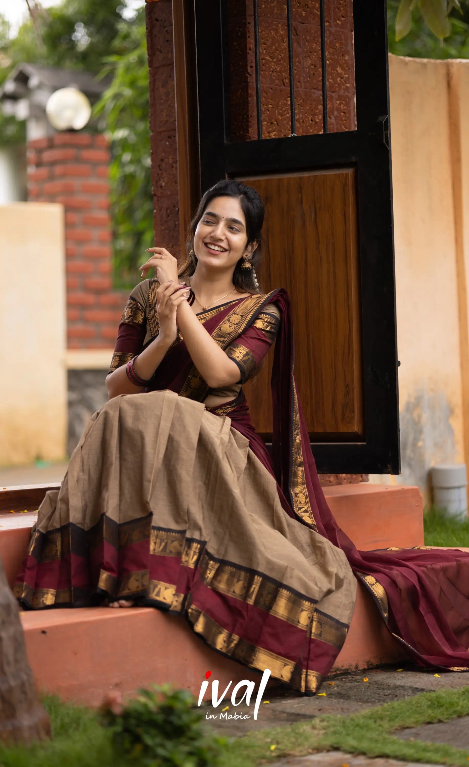 Padmaja Cotton Half Saree - Beige and Dark Maroon Half Sarees