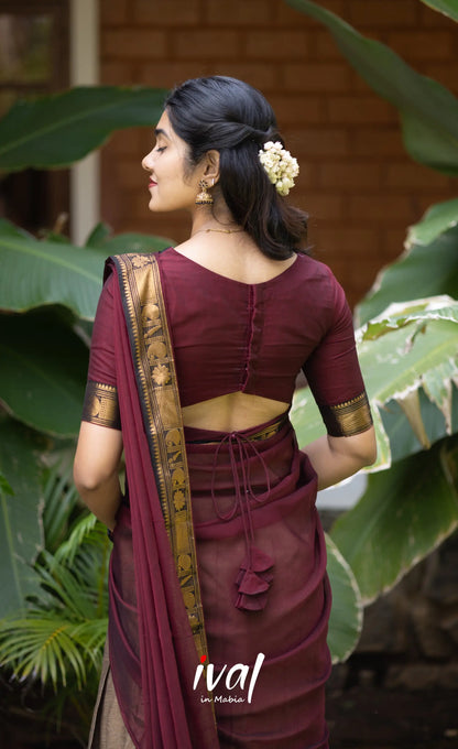 Padmaja Cotton Half Saree - Beige and Dark Maroon Half Sarees