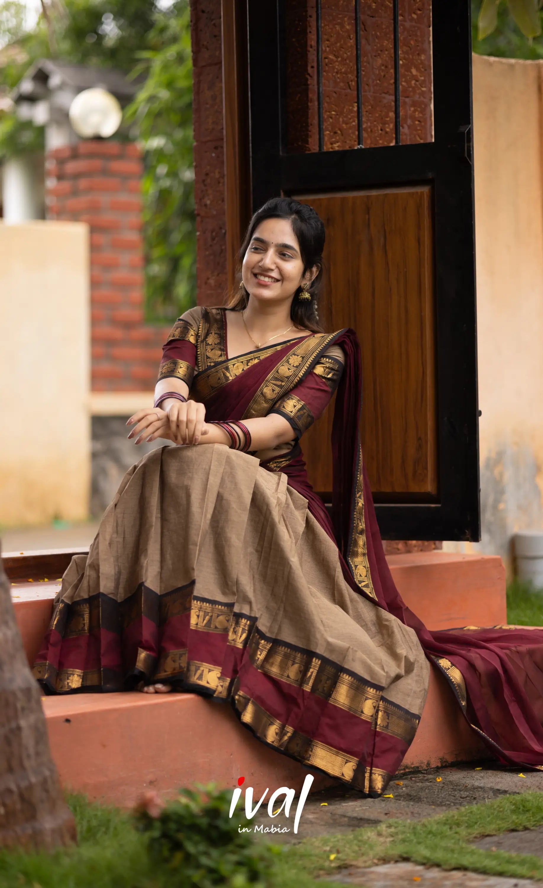 Padmaja Cotton Half Saree - Beige and Dark Maroon Half Sarees