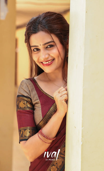 Padmaja Cotton Half Saree - Beige and Dark Maroon - Half Sarees