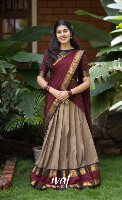 Padmaja Cotton Half Saree - Beige and Dark Maroon Half Sarees