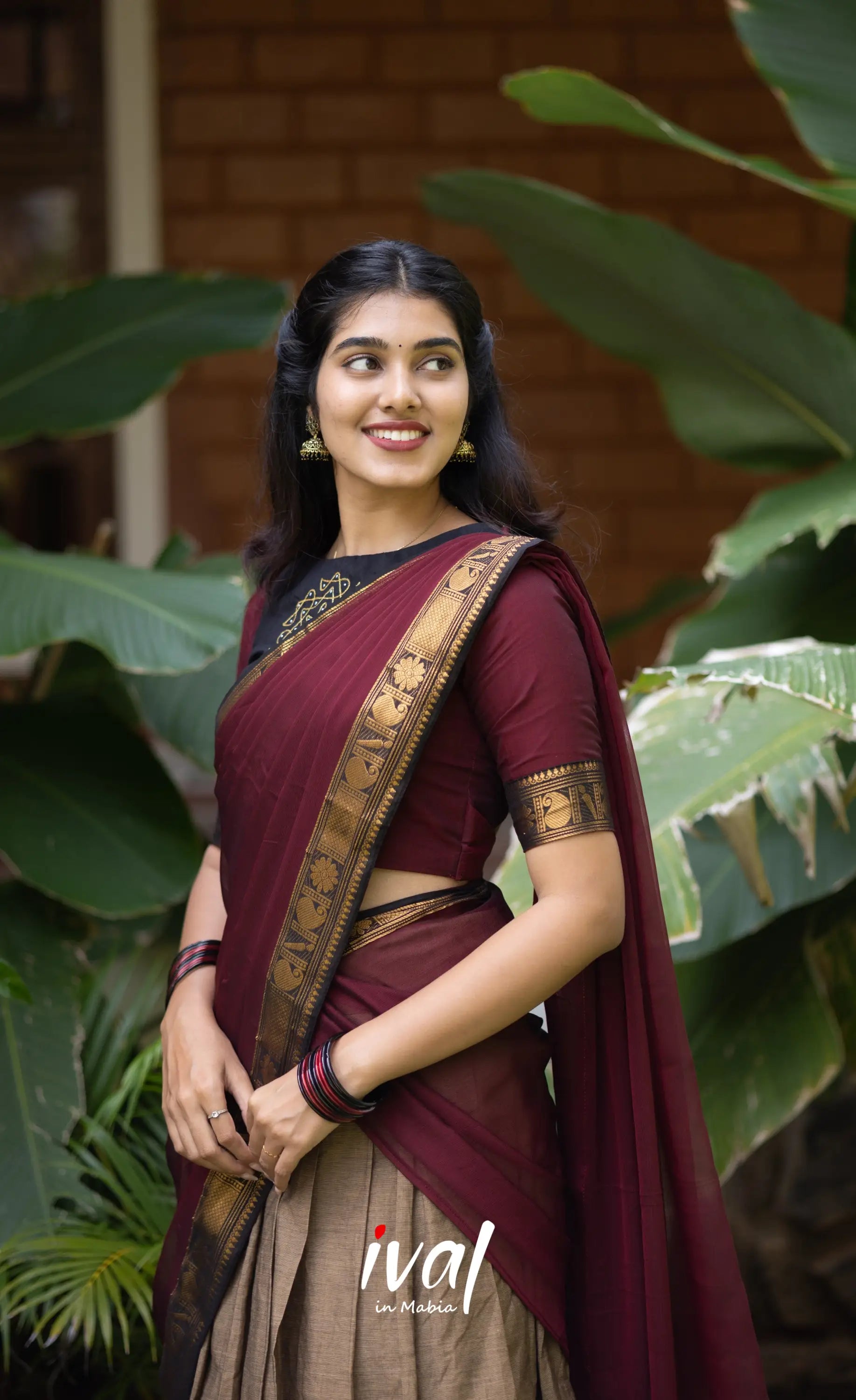 Padmaja Cotton Half Saree - Beige and Dark Maroon Half Sarees