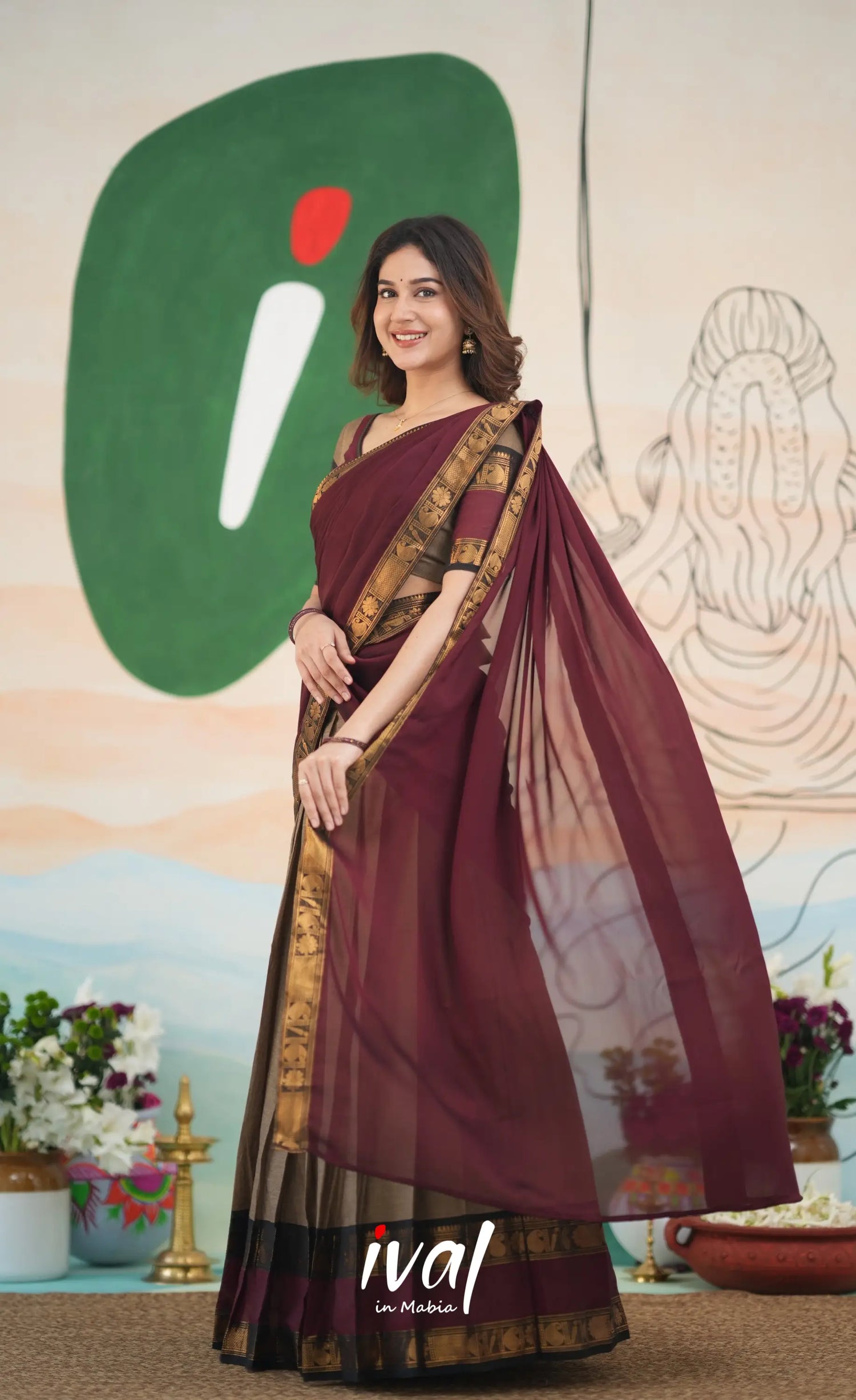 Padmaja Cotton Half Saree - Beige and Dark Maroon Half Sarees