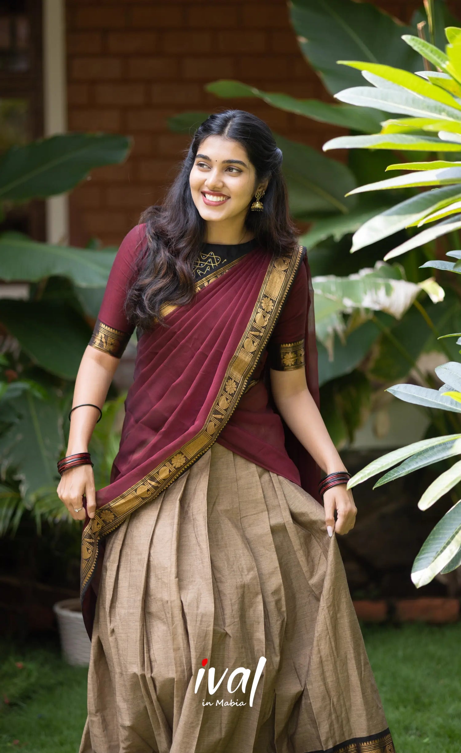 Padmaja Cotton Half Saree - Beige and Dark Maroon Half Sarees