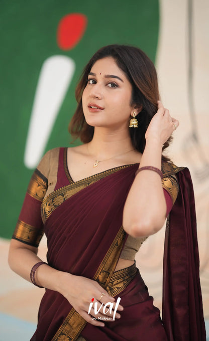 Padmaja Cotton Half Saree - Beige and Dark Maroon Half Sarees