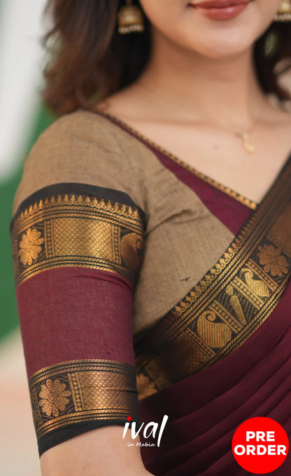 Padmaja Cotton Half Saree - Beige and Dark Maroon Half Sarees