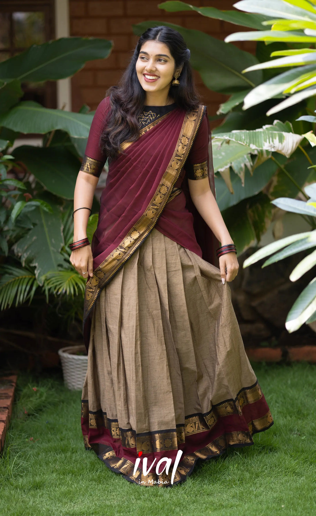 Padmaja Cotton Half Saree - Beige and Dark Maroon Half Sarees