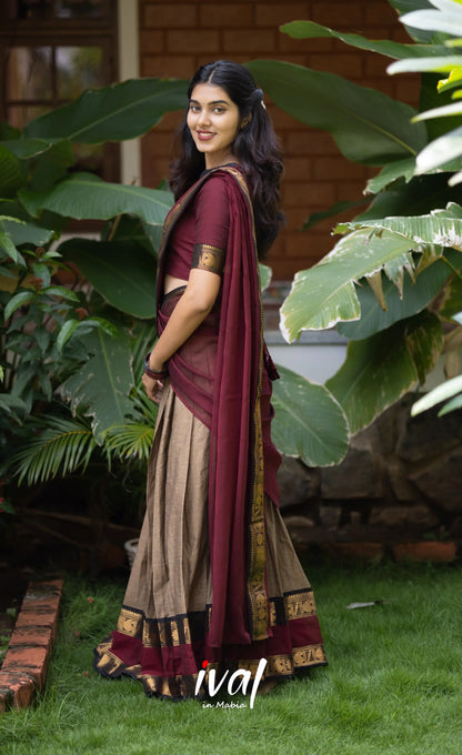 Padmaja Cotton Half Saree - Beige and Dark Maroon Half Sarees