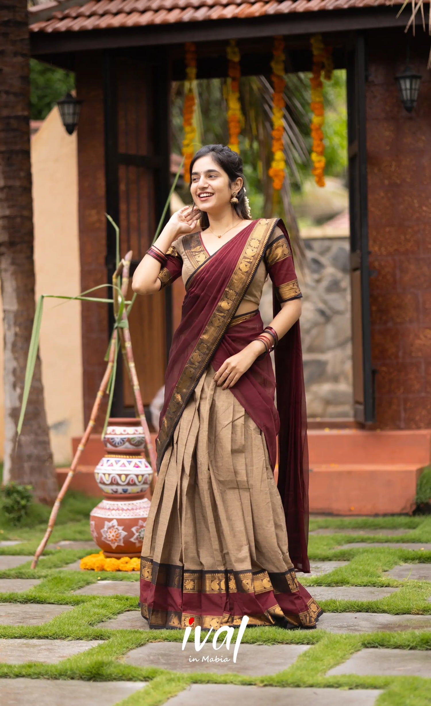 Padmaja Cotton Half Saree - Beige and Dark Maroon Half Sarees