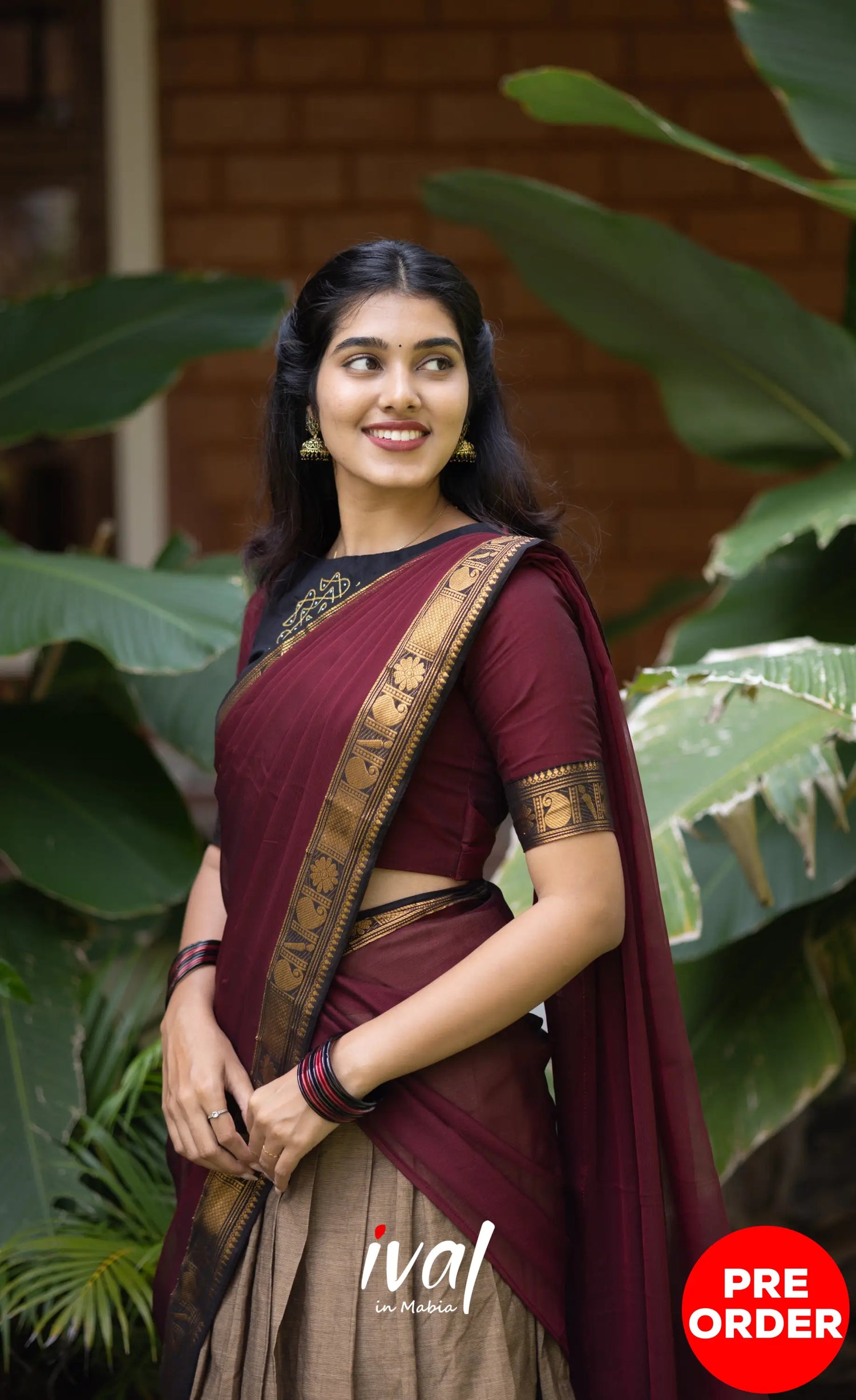 Padmaja Cotton Half Saree - Beige and Dark Maroon Half Sarees