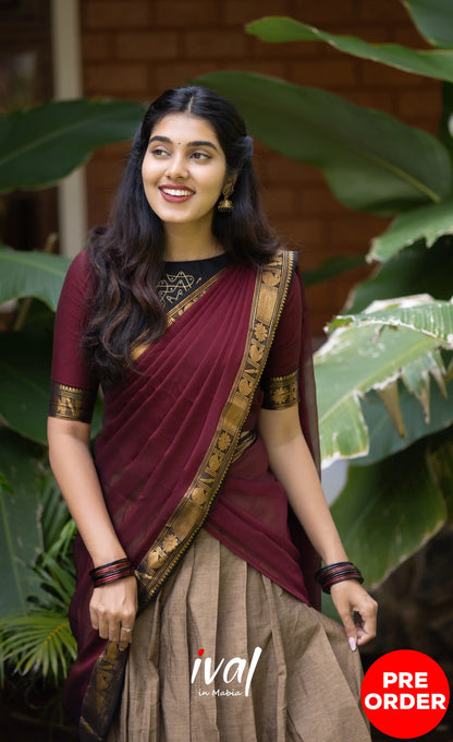 Padmaja Cotton Half Saree - Beige and Dark Maroon Half Sarees