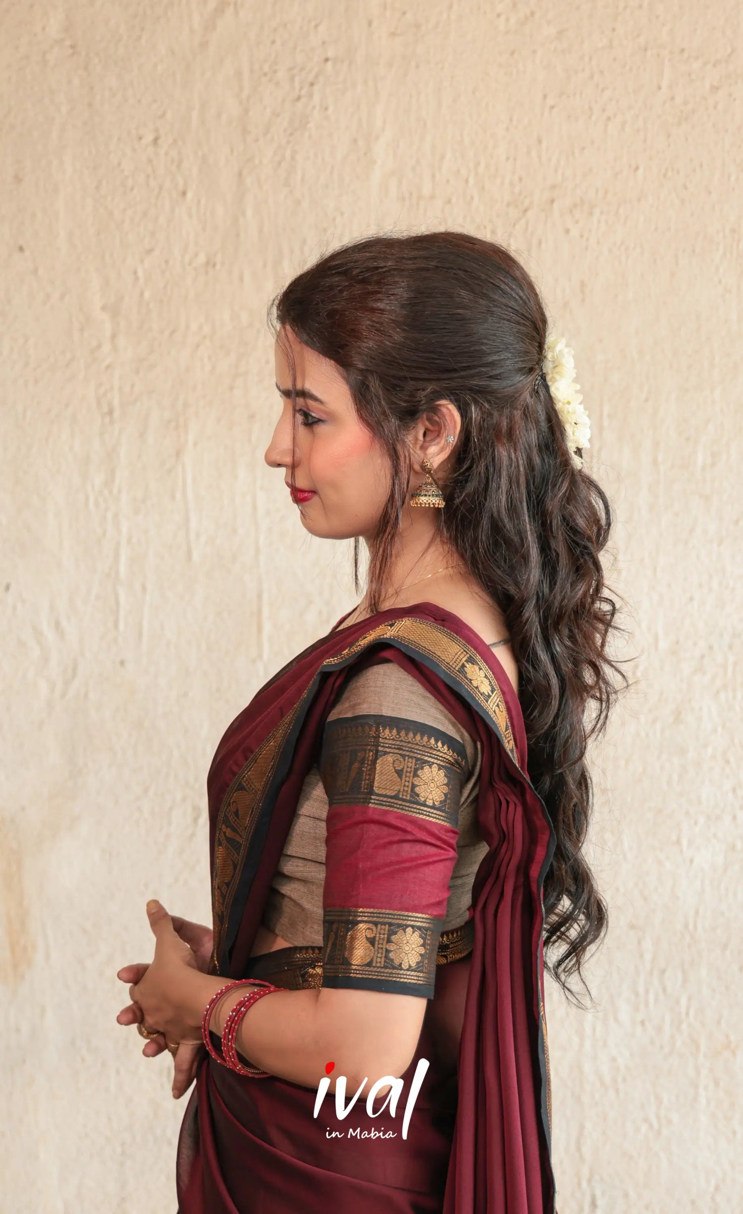 Padmaja Cotton Half Saree - Beige and Dark Maroon - Half Sarees