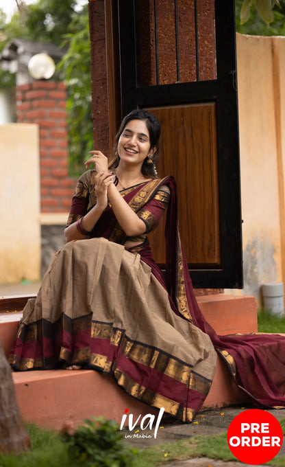 Padmaja Cotton Half Saree - Beige and Dark Maroon Half Sarees