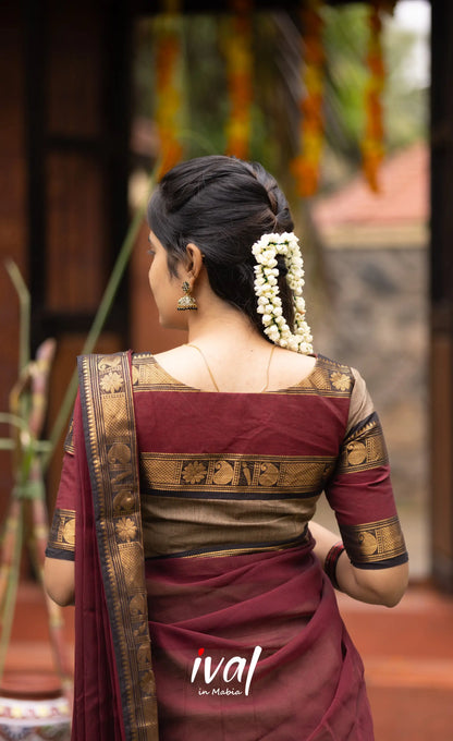 Padmaja Cotton Half Saree - Beige and Dark Maroon Half Sarees