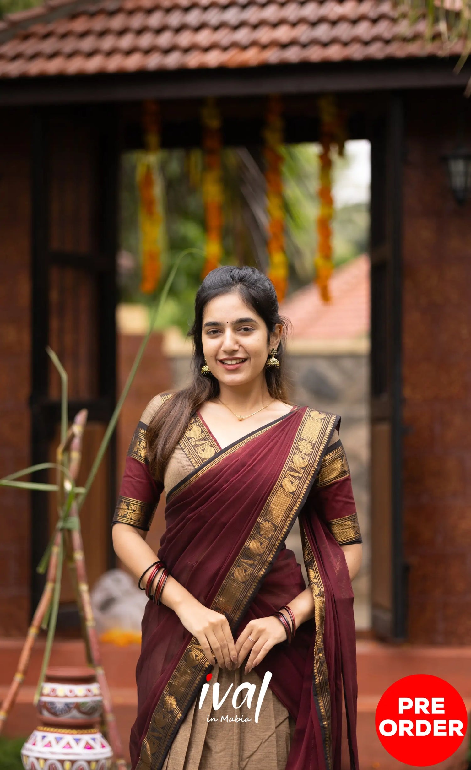 Padmaja Cotton Half Saree - Beige and Dark Maroon Half Sarees