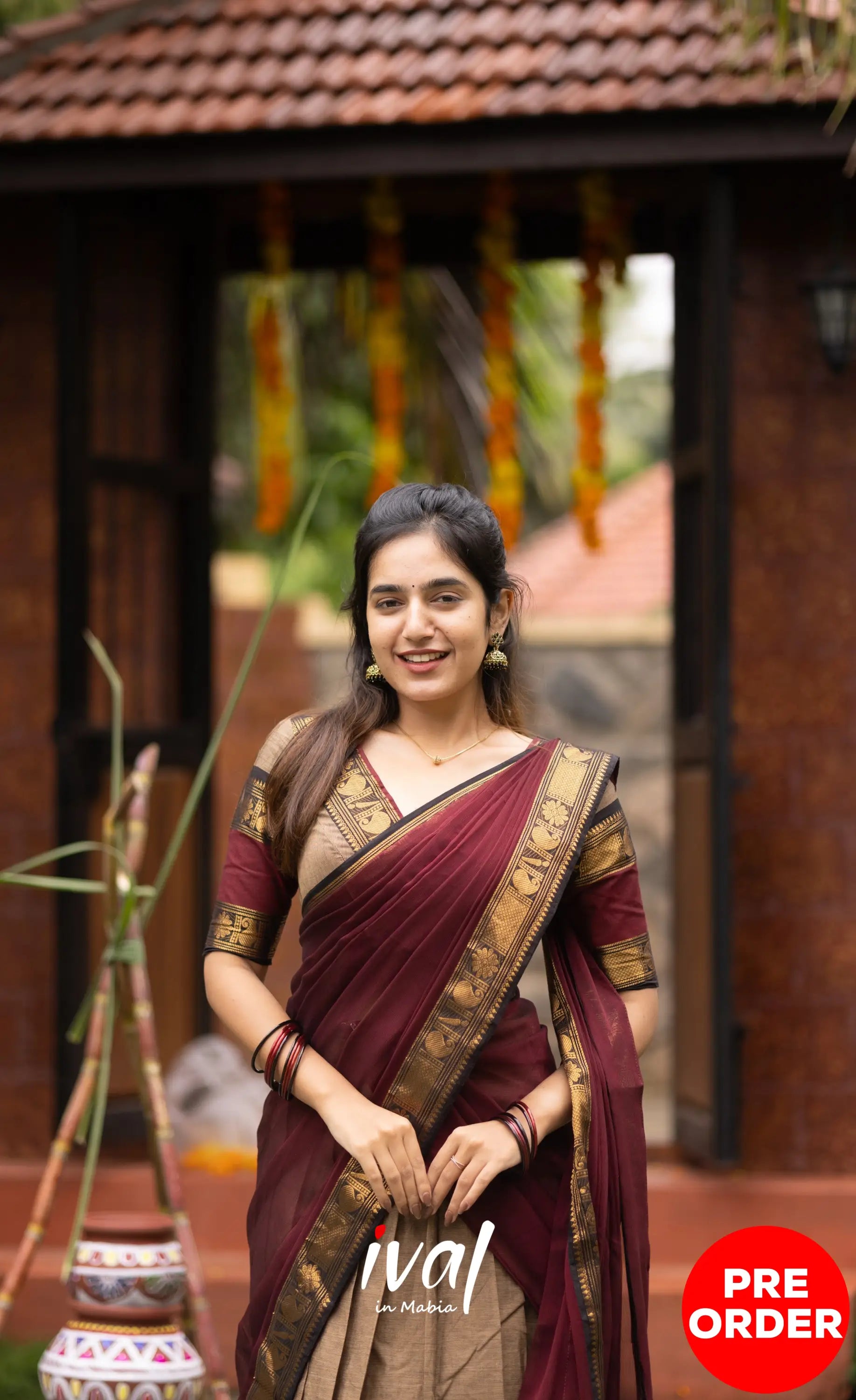 Padmaja Cotton Half Saree - Beige and Dark Maroon Half Sarees