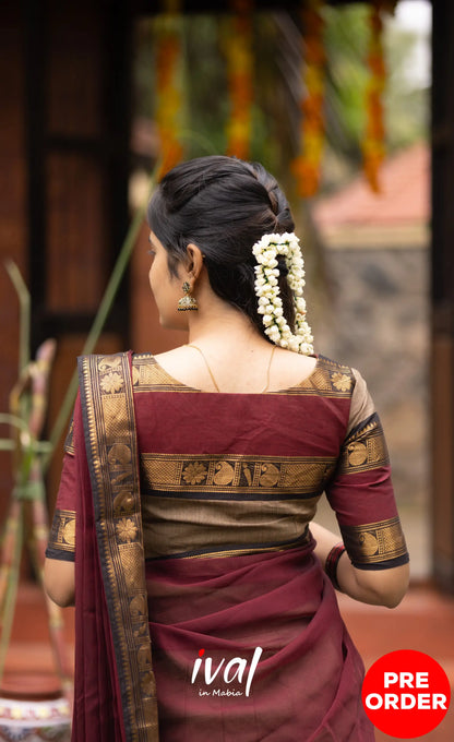 Padmaja Cotton Half Saree - Beige and Dark Maroon Half Sarees