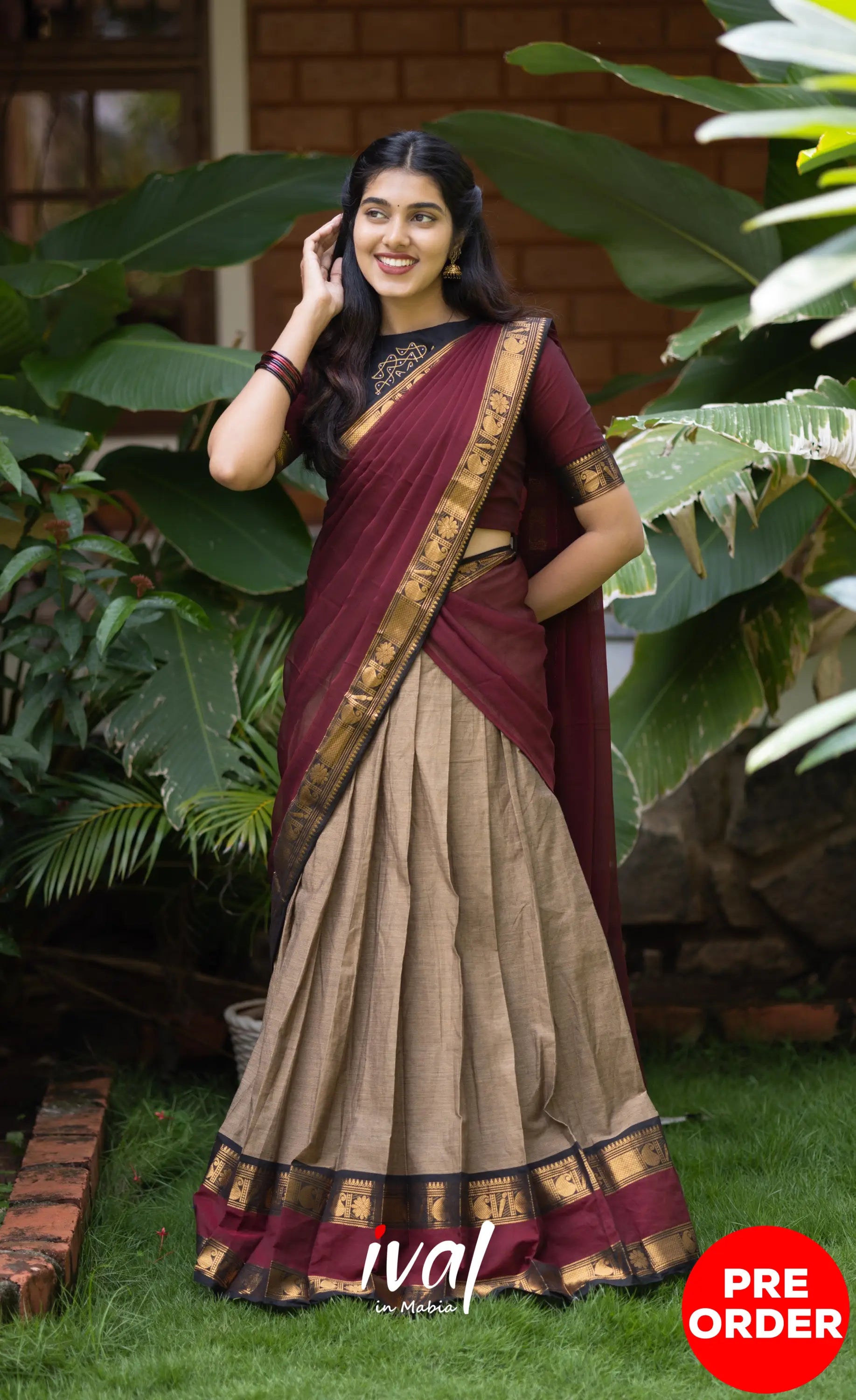 Padmaja Cotton Half Saree - Beige and Dark Maroon Half Sarees