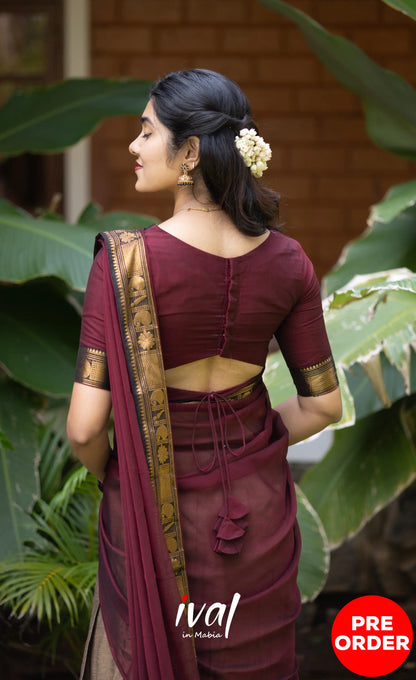 Padmaja Cotton Half Saree - Beige and Dark Maroon Half Sarees