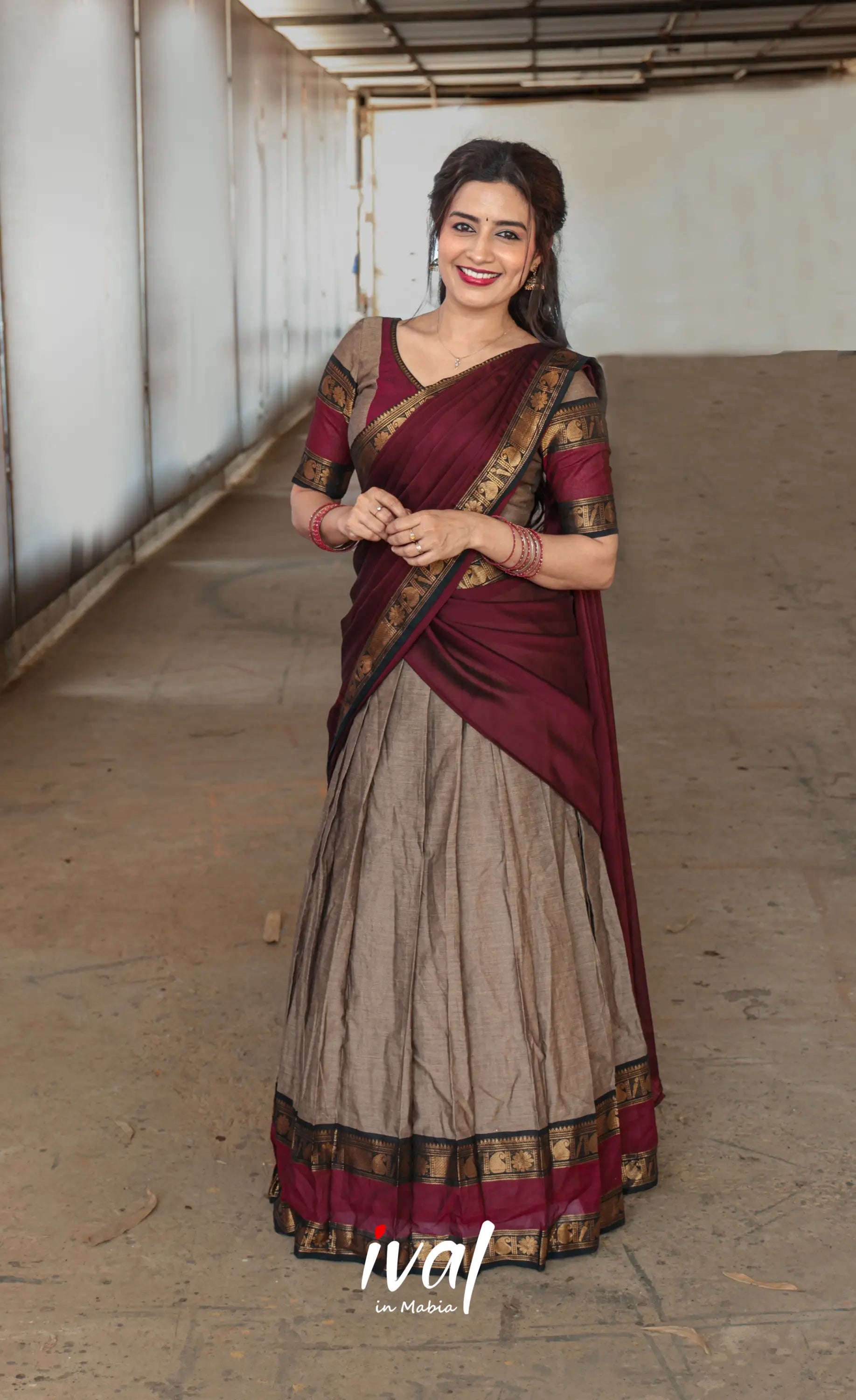 Padmaja Cotton Half Saree - Beige and Dark Maroon - Half Sarees