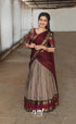 Padmaja Cotton Half Saree - Beige and Dark Maroon - Half Sarees