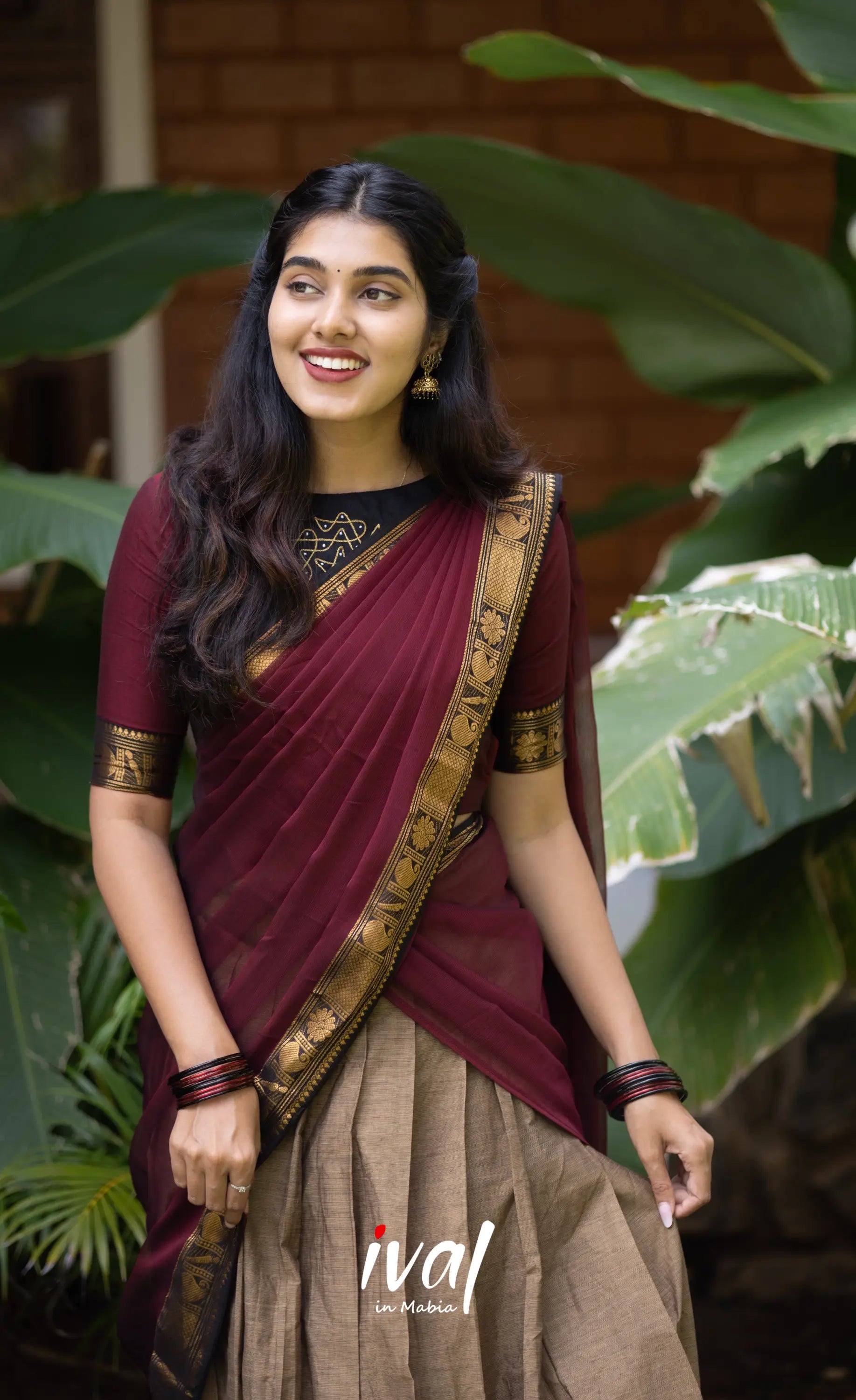 Padmaja Cotton Half Saree - Beige and Dark Maroon Half Sarees