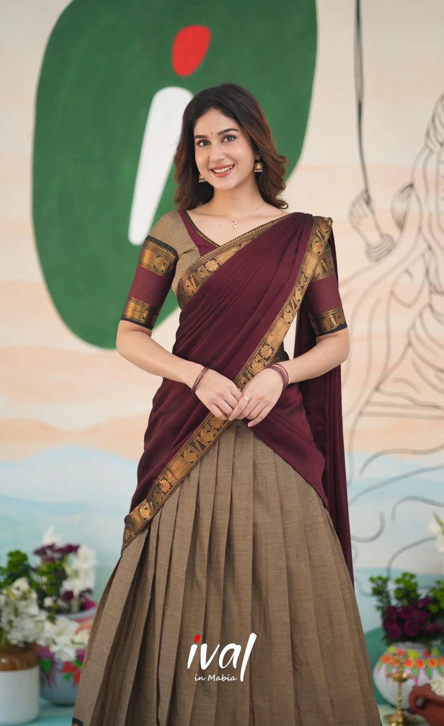 Padmaja Cotton Half Saree - Beige and Dark Maroon Half Sarees